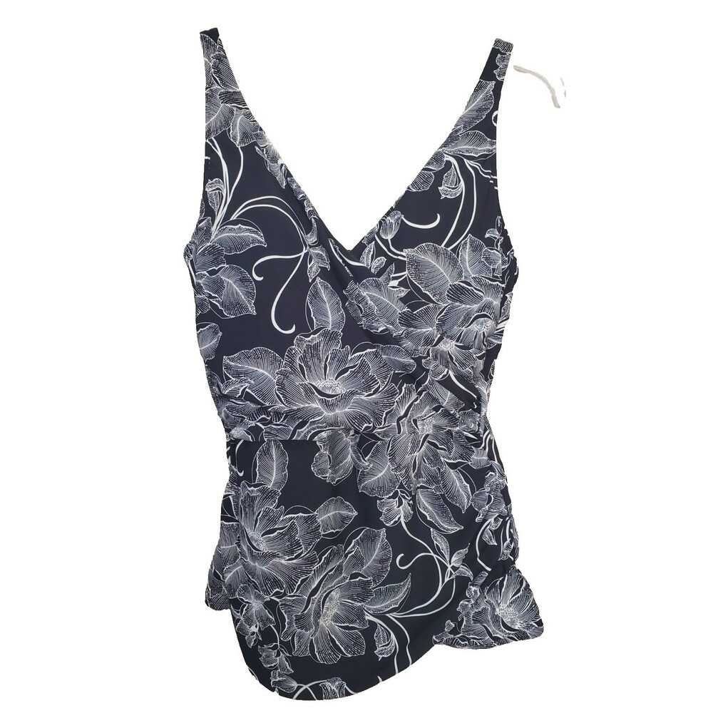 Lands' End Black Leaf Sketch Print Tankini Swim Top Size 12